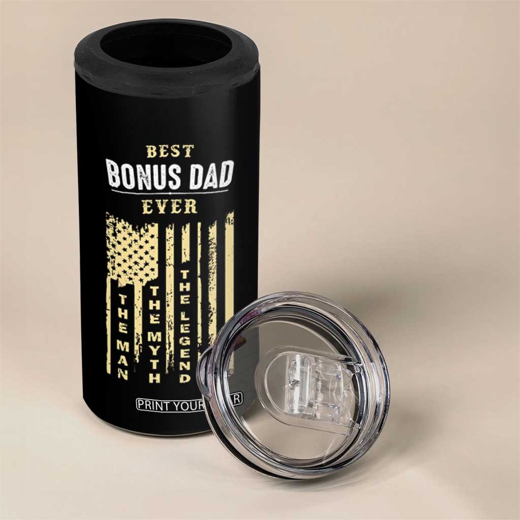 Best Bonus Dad Ever 4 in 1 Can Cooler Tumbler Funny Step Dad American Flag Fathers Day TB10 Print Your Wear