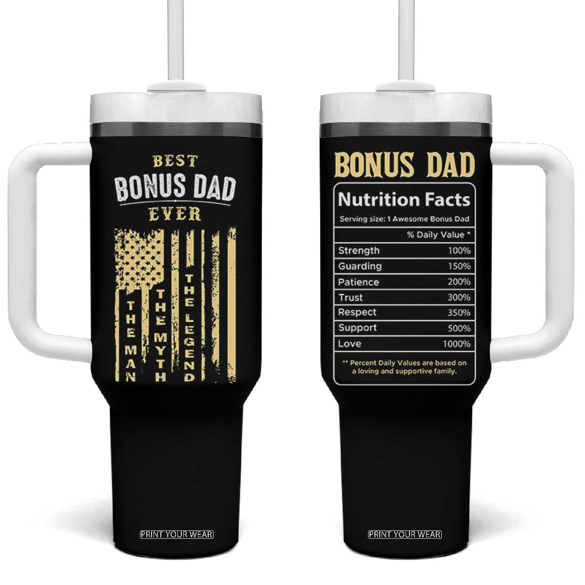 Best Bonus Dad Ever Tumbler With Handle Funny Step Dad American Flag Fathers Day TB10 One Size: 40 oz Black Print Your Wear