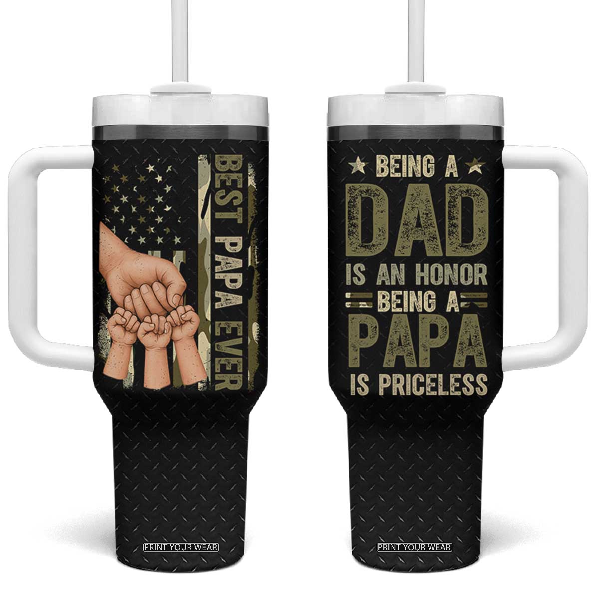 Best Papa Ever Tumbler With Handle Being A Dad Is An Honor Vintage Camo Flag Father's Day TB11 One Size: 40 oz Black Print Your Wear