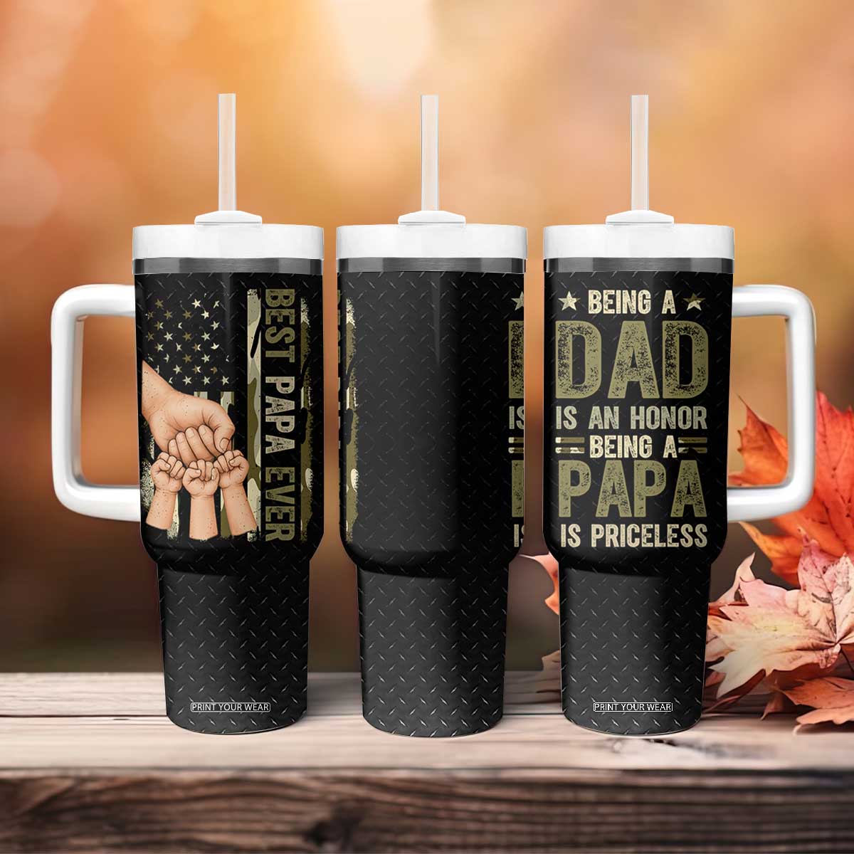 Best Papa Ever Tumbler With Handle Being A Dad Is An Honor Vintage Camo Flag Father's Day TB11 Print Your Wear