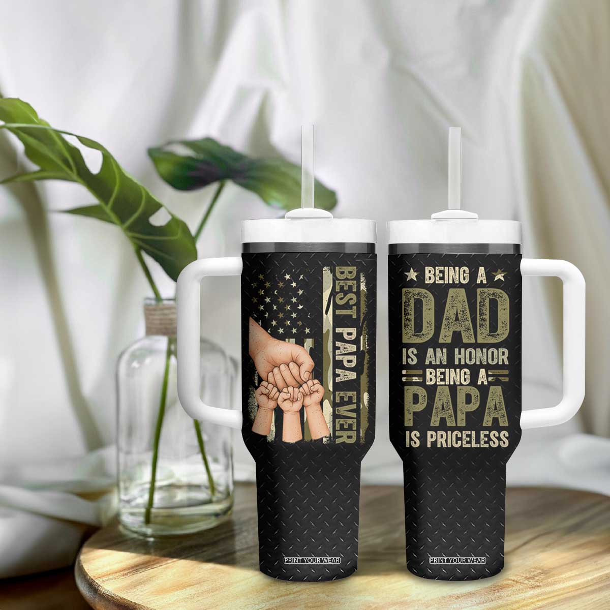 Best Papa Ever Tumbler With Handle Being A Dad Is An Honor Vintage Camo Flag Father's Day TB11 Print Your Wear