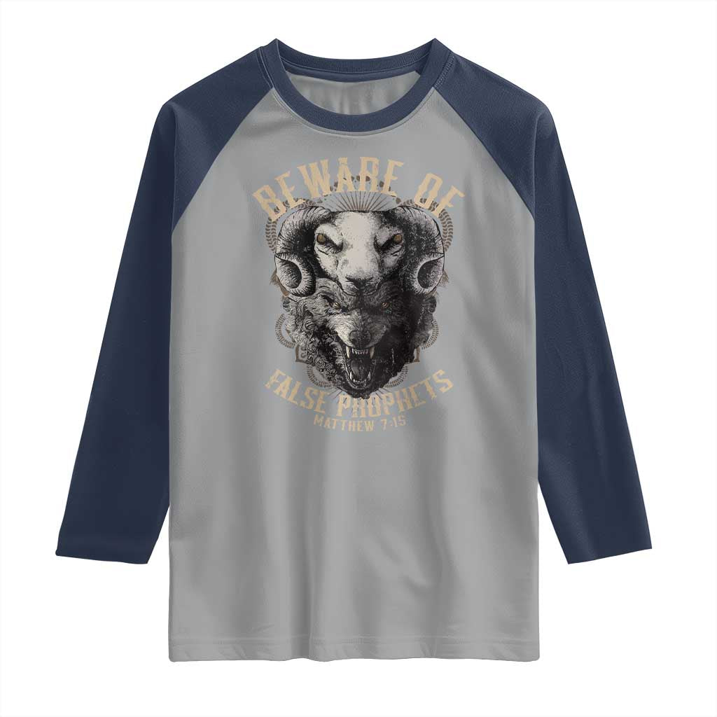 Beware Of False Prophets Raglan Shirt Christian Sheep Wolf TS11 Sport Gray Navy Print Your Wear