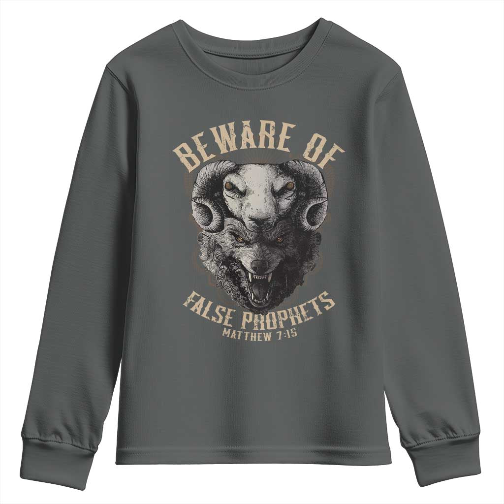 Beware Of False Prophets Youth Sweatshirt Christian Sheep Wolf TS11 Dark Heather Print Your Wear