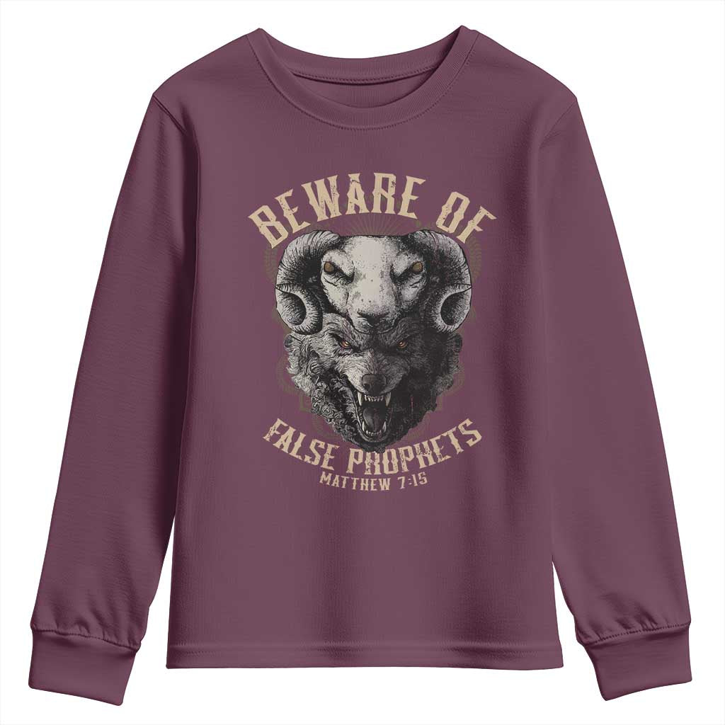 Beware Of False Prophets Youth Sweatshirt Christian Sheep Wolf TS11 Maroon Print Your Wear