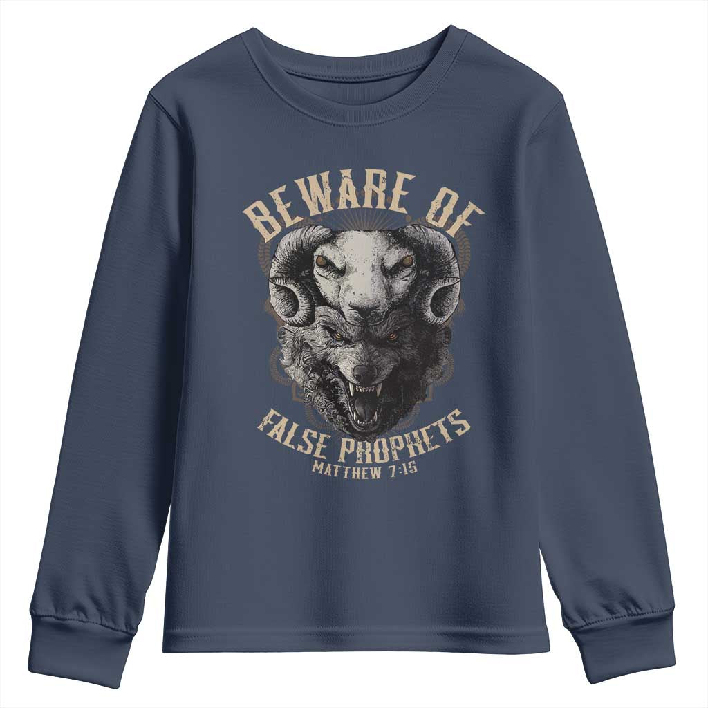 Beware Of False Prophets Youth Sweatshirt Christian Sheep Wolf TS11 Navy Print Your Wear