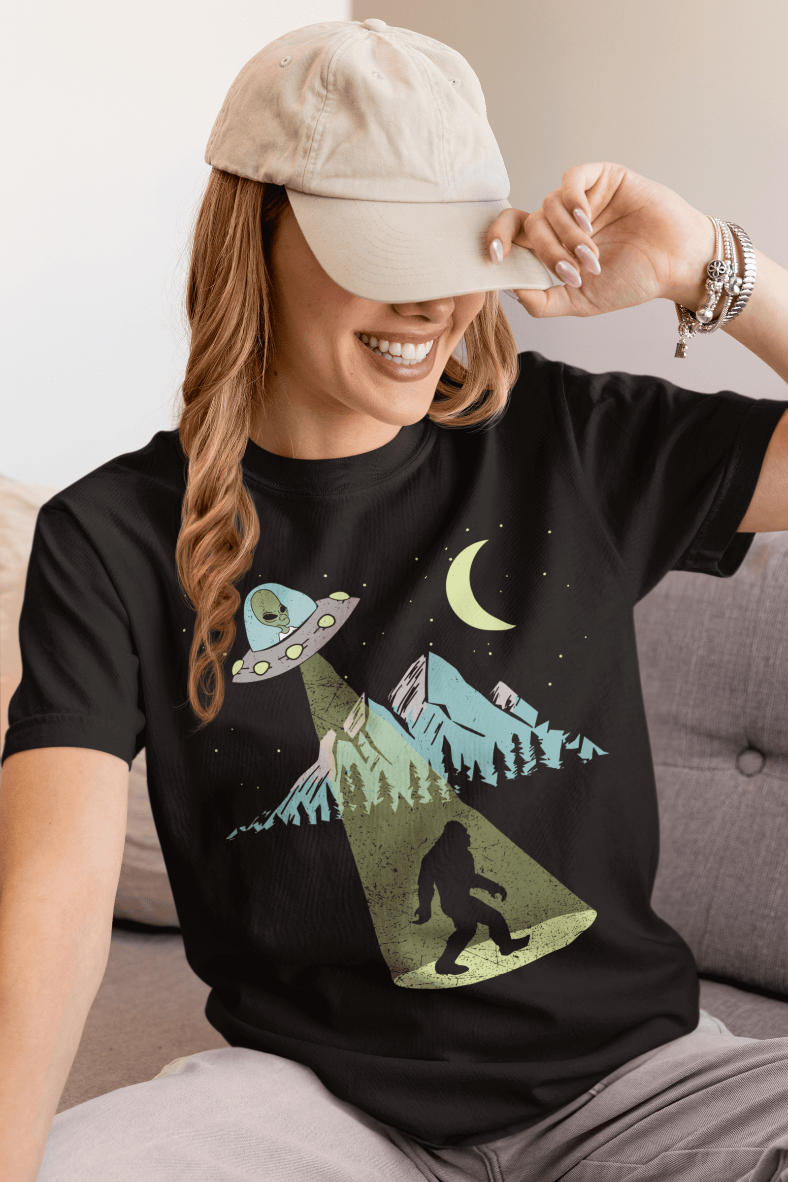 Bigfoot UFO Abduction Moon & Mountain Alien Vintage Graphic T Shirt TS01 Print Your Wear