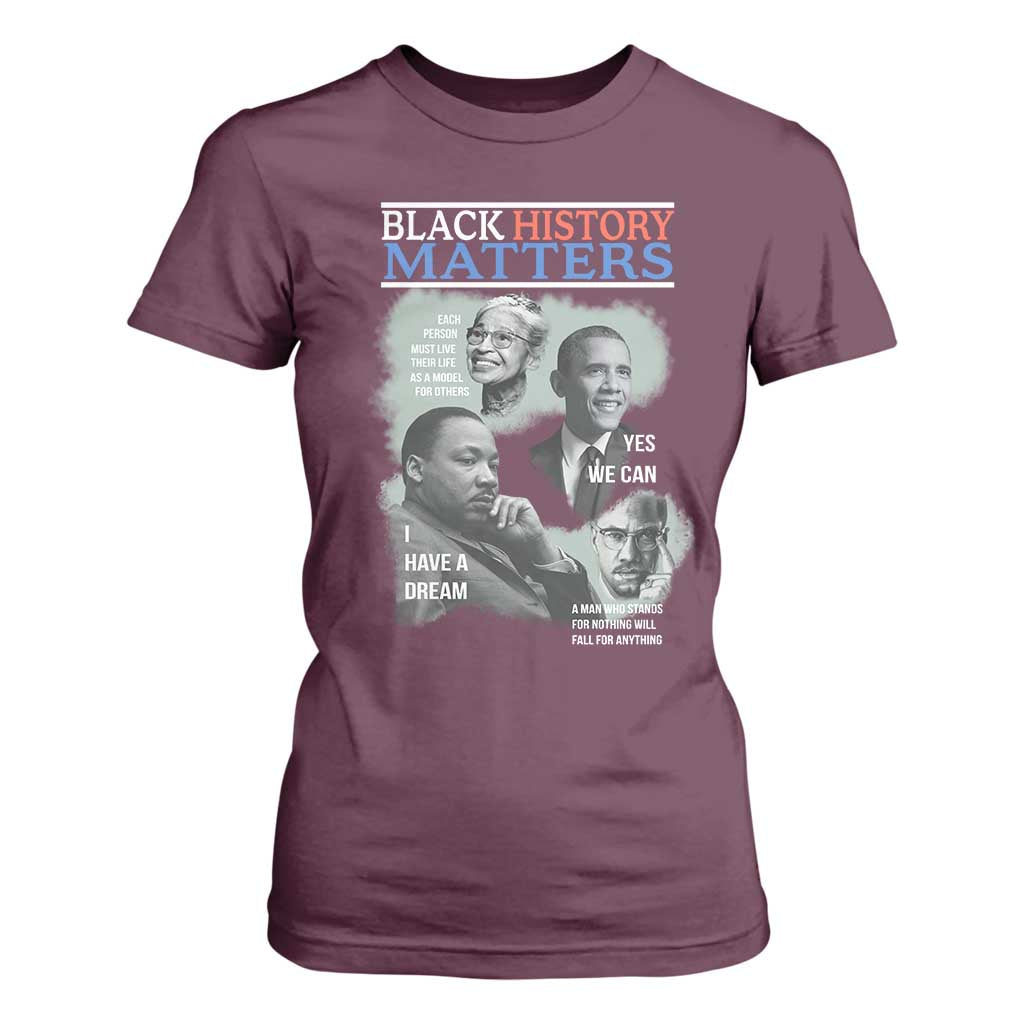 Black History Matters T Shirt For Women MLK Malcolm X Obama Rosa Parks Inspirational Tribute TS02 Maroon Print Your Wear