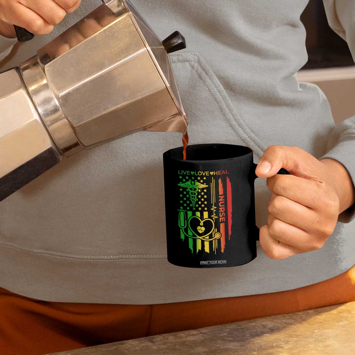 Black Nurse Coffee Mug American Flag Proud Afro African Women Melanin Pride TS10 Print Your Wear