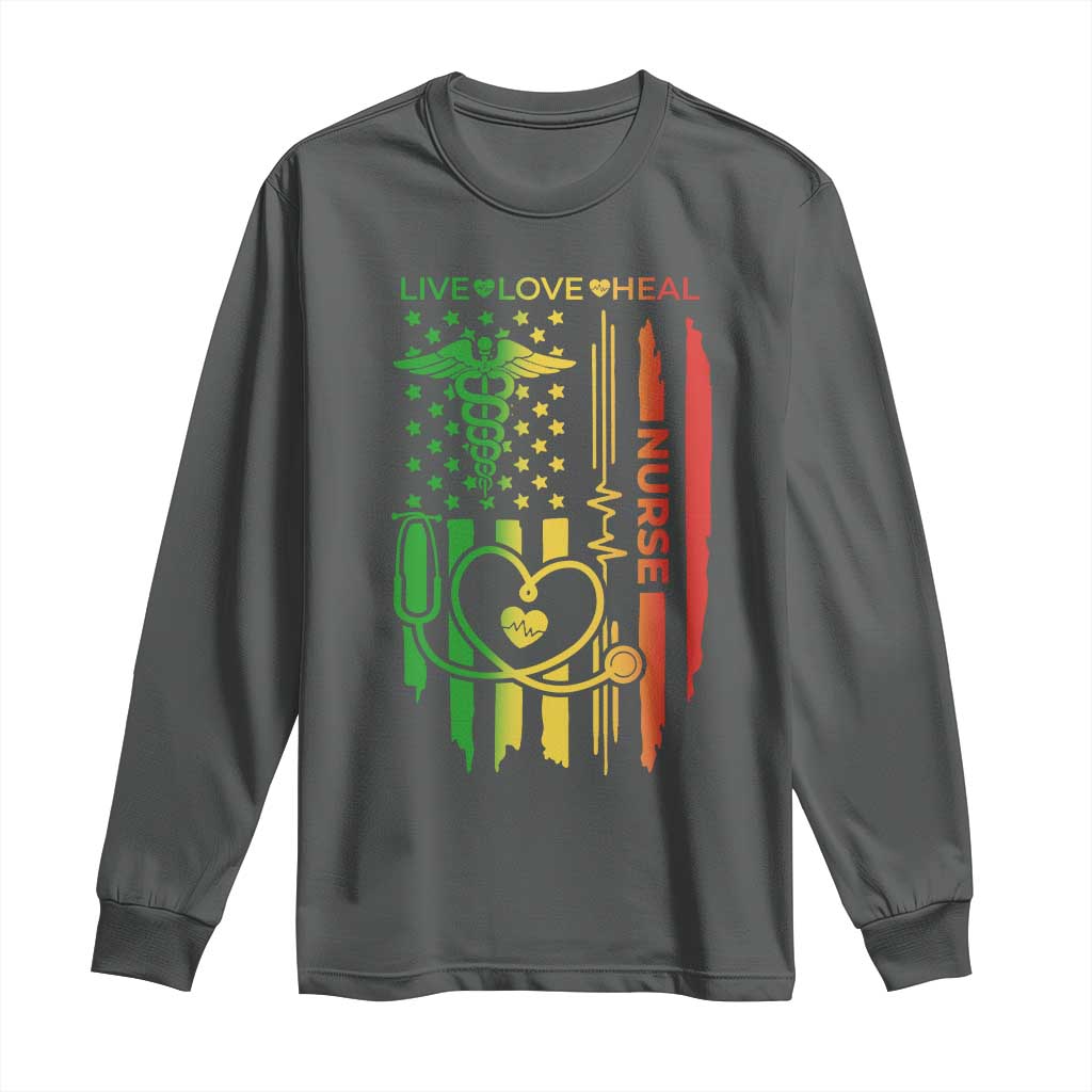 Black Nurse Long Sleeve Shirt American Flag Proud Afro African Women Melanin Pride TS10 Dark Heather Print Your Wear