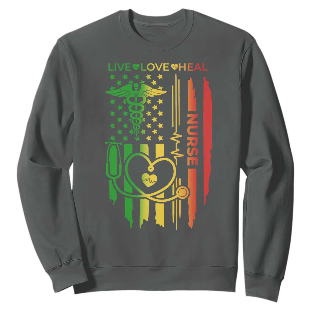 Black Nurse Sweatshirt American Flag Proud Afro African Women Melanin Pride TS10 Dark Heather Print Your Wear