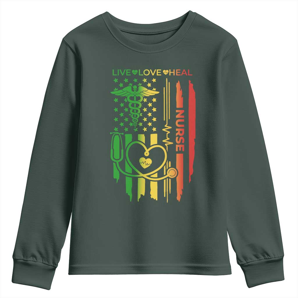 Black Nurse Youth Sweatshirt American Flag Proud Afro African Women Melanin Pride TS10 Dark Forest Green Print Your Wear