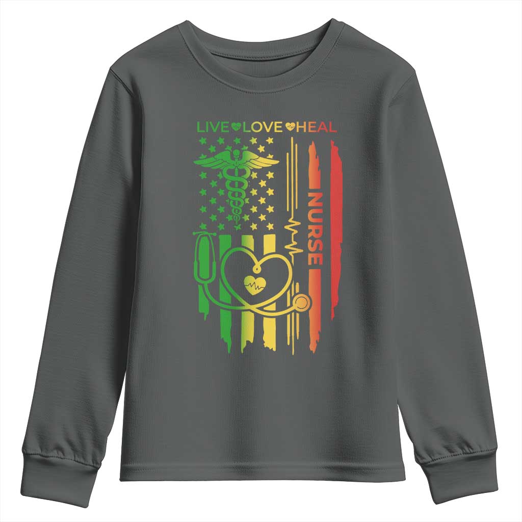 Black Nurse Youth Sweatshirt American Flag Proud Afro African Women Melanin Pride TS10 Dark Heather Print Your Wear
