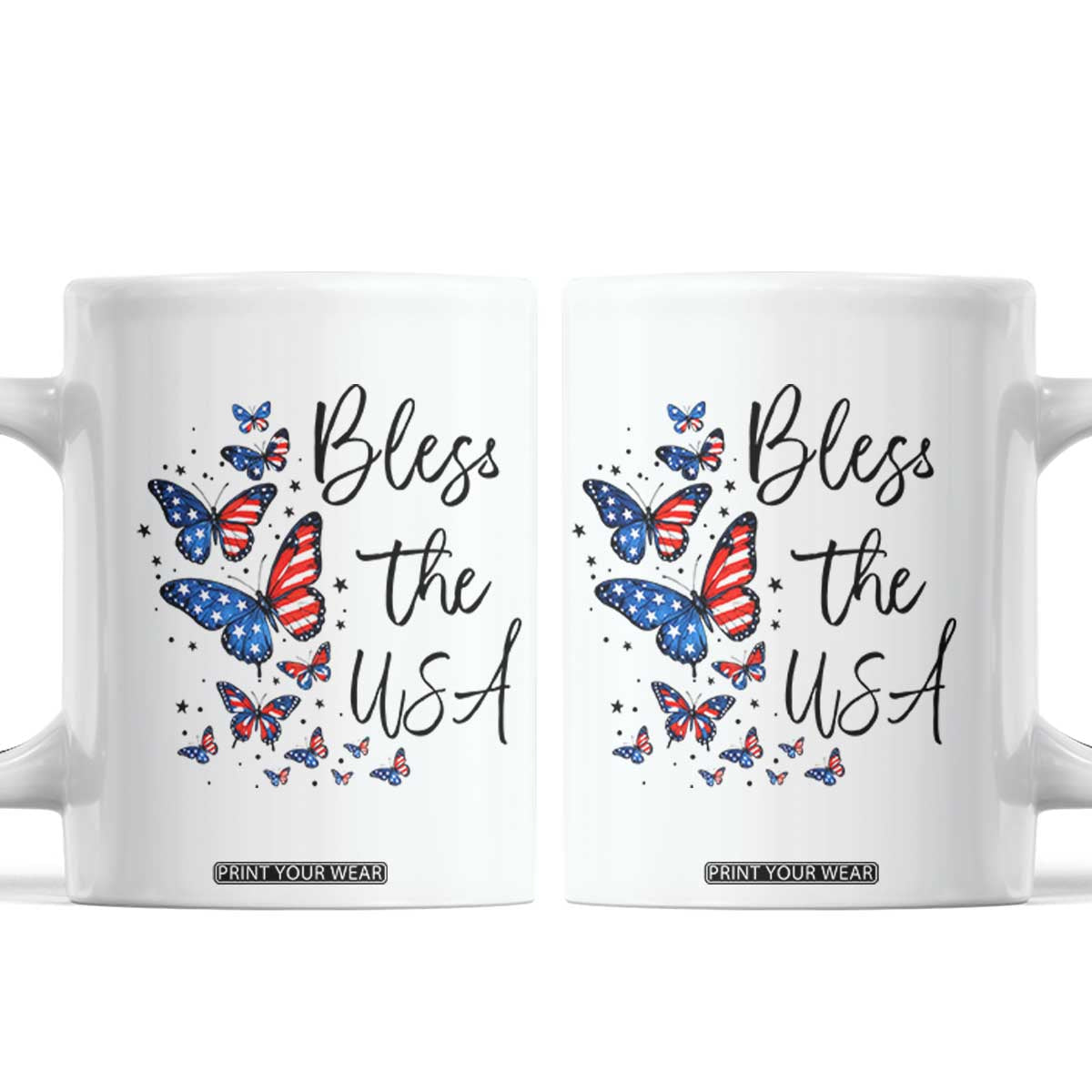 Bless The USA 4th of July Coffee Mug Patriotic American Flag Butterfly Independence Day TS11 White Print Your Wear
