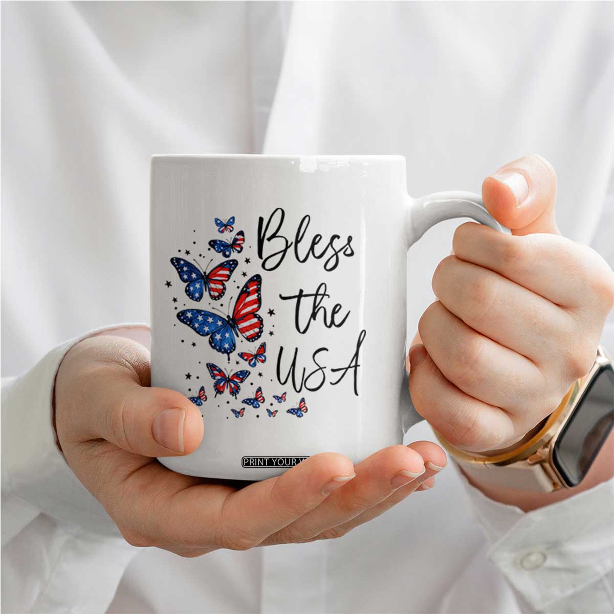 Bless The USA 4th of July Coffee Mug Patriotic American Flag Butterfly Independence Day TS11 Print Your Wear