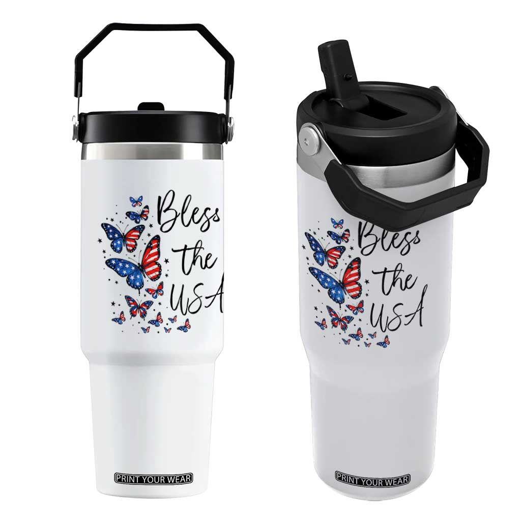 Bless The USA 4th of July Flip Straw Tumbler Patriotic American Flag Butterfly Independence Day TS11 One Size: 30 oz White Print Your Wear