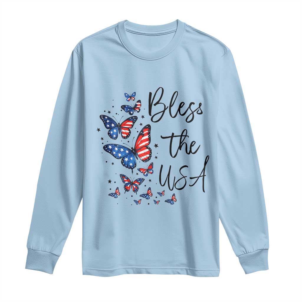 Bless The USA 4th of July Long Sleeve Shirt Patriotic American Flag Butterfly Independence Day TS11 Light Blue Print Your Wear
