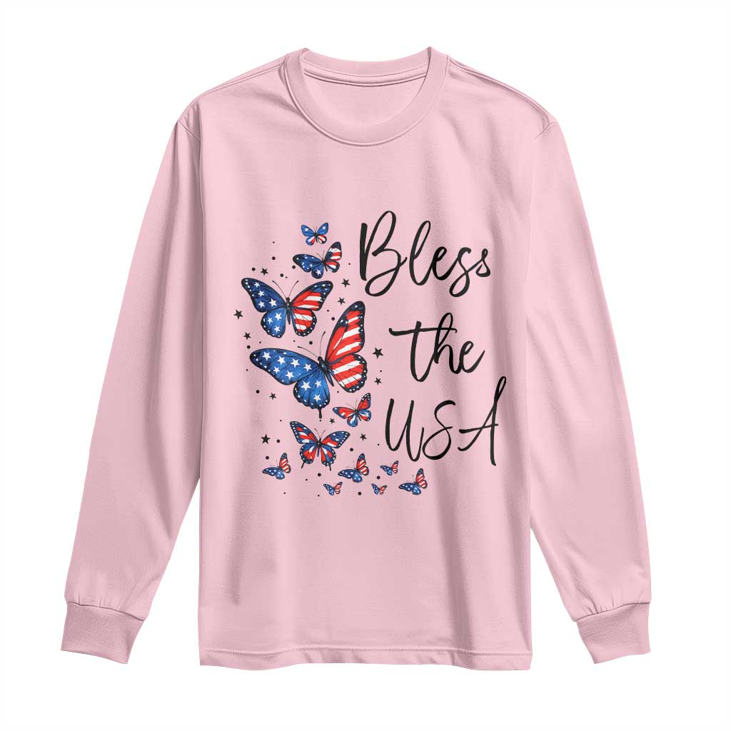 Bless The USA 4th of July Long Sleeve Shirt Patriotic American Flag Butterfly Independence Day TS11 Light Pink Print Your Wear
