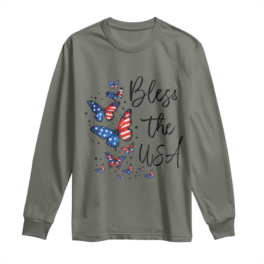 Bless The USA 4th of July Long Sleeve Shirt Patriotic American Flag Butterfly Independence Day TS11 Military Green Print Your Wear