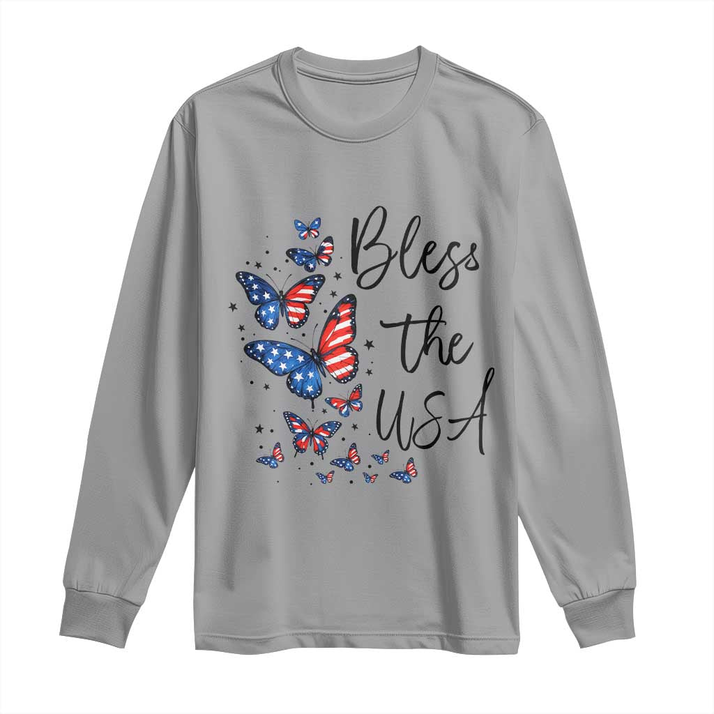 Bless The USA 4th of July Long Sleeve Shirt Patriotic American Flag Butterfly Independence Day TS11 Sport Gray Print Your Wear