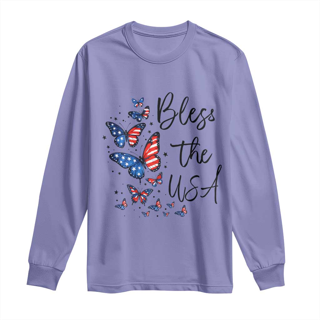 Bless The USA 4th of July Long Sleeve Shirt Patriotic American Flag Butterfly Independence Day TS11 Violet Print Your Wear