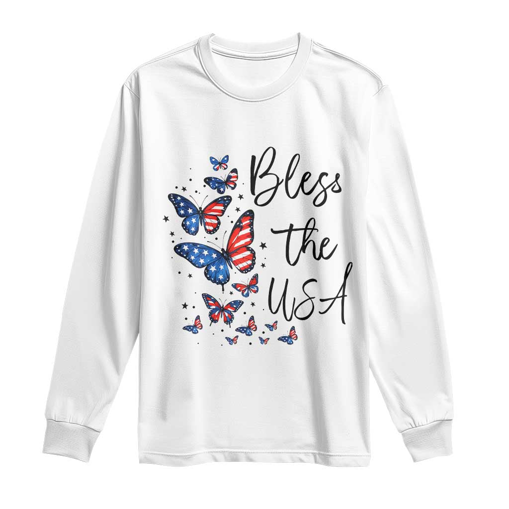 Bless The USA 4th of July Long Sleeve Shirt Patriotic American Flag Butterfly Independence Day TS11 White Print Your Wear