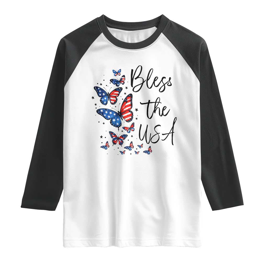 Bless The USA 4th of July Raglan Shirt Patriotic American Flag Butterfly Independence Day TS11 White Black Print Your Wear