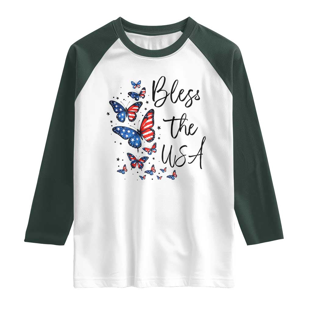 Bless The USA 4th of July Raglan Shirt Patriotic American Flag Butterfly Independence Day TS11 White Dark Forest Green Print Your Wear