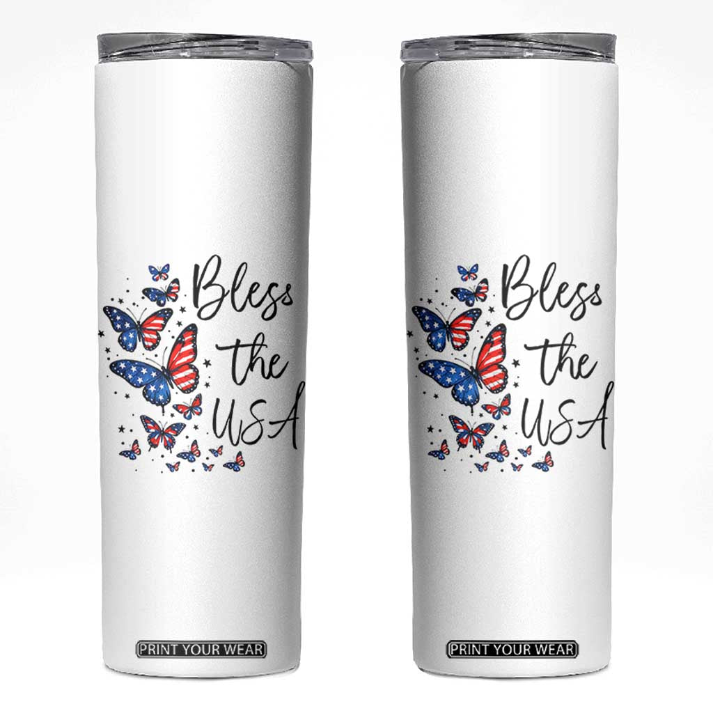 Bless The USA 4th of July Skinny Tumbler Patriotic American Flag Butterfly Independence Day TS11 White Print Your Wear