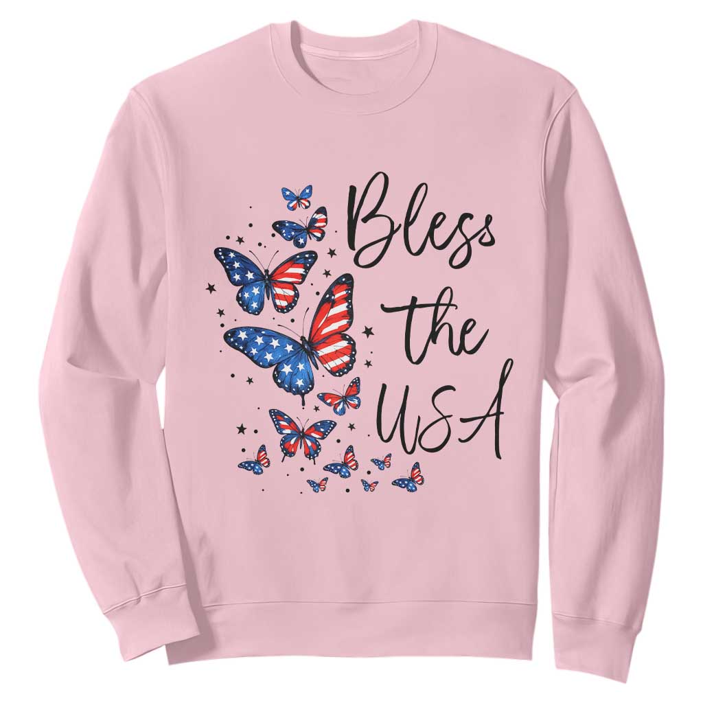 Bless The USA 4th of July Sweatshirt Patriotic American Flag Butterfly Independence Day TS11 Light Pink Print Your Wear