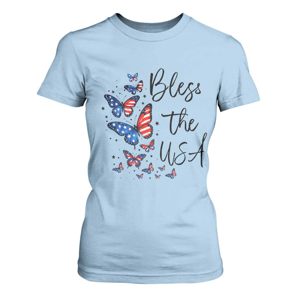 Bless The USA 4th of July T Shirt For Women Patriotic American Flag Butterfly Independence Day TS11 Light Blue Print Your Wear