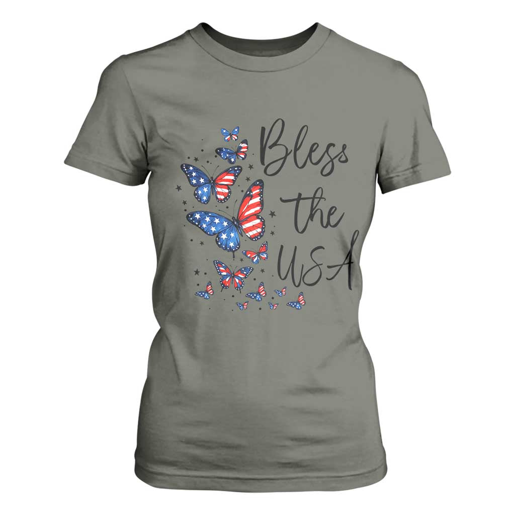 Bless The USA 4th of July T Shirt For Women Patriotic American Flag Butterfly Independence Day TS11 Military Green Print Your Wear