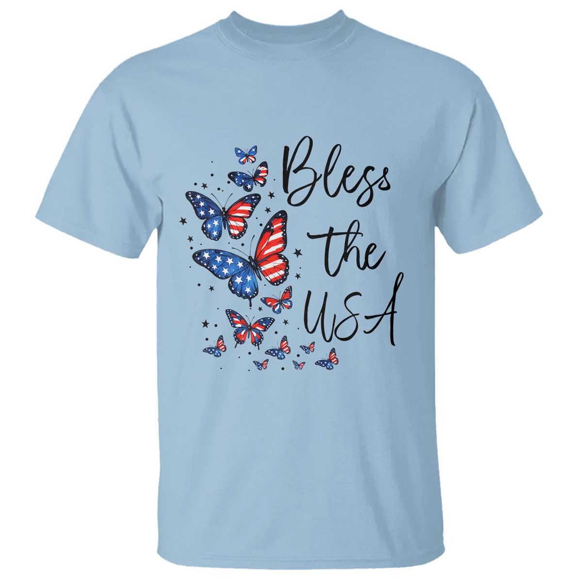 Bless The USA 4th of July T Shirt Patriotic American Flag Butterfly Independence Day TS11 Light Blue Print Your Wear