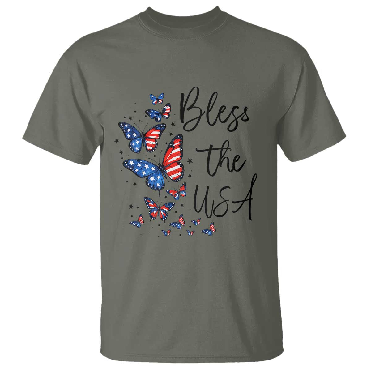 Bless The USA 4th of July T Shirt Patriotic American Flag Butterfly Independence Day TS11 Military Green Print Your Wear