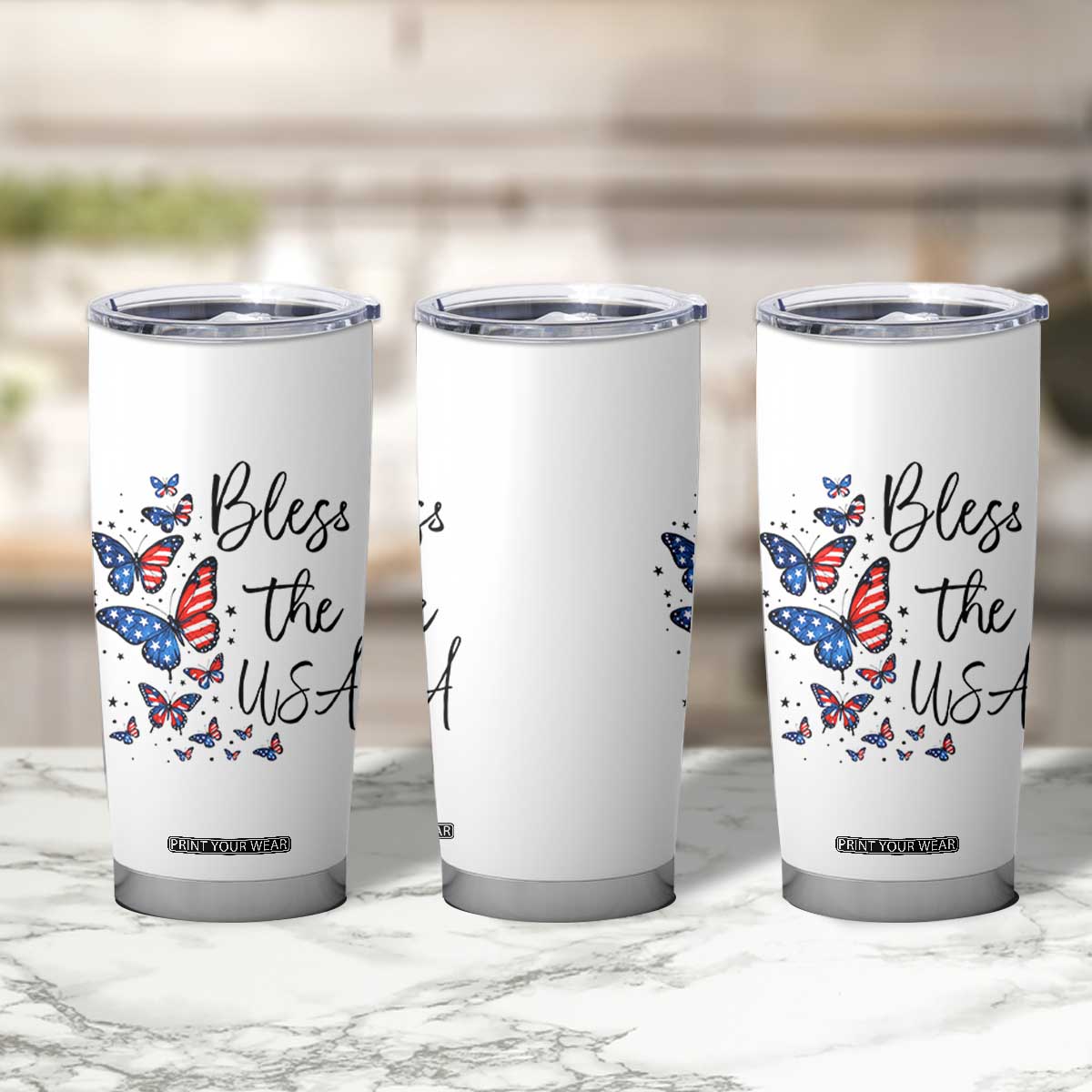 Bless The USA 4th of July Tumbler Cup Patriotic American Flag Butterfly Independence Day TS11 Print Your Wear