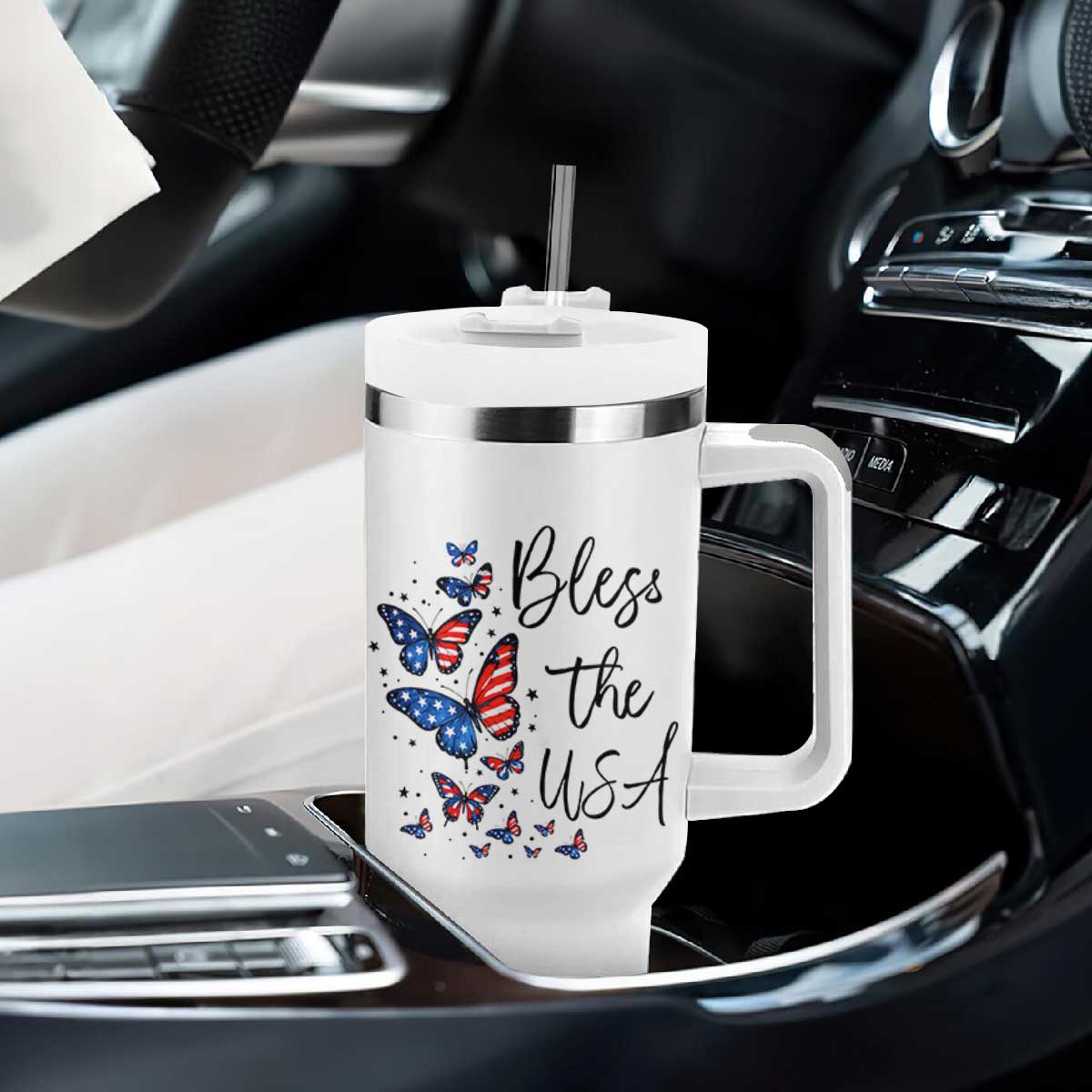 Bless The USA 4th of July Tumbler With Handle Patriotic American Flag Butterfly Independence Day TS11 Print Your Wear
