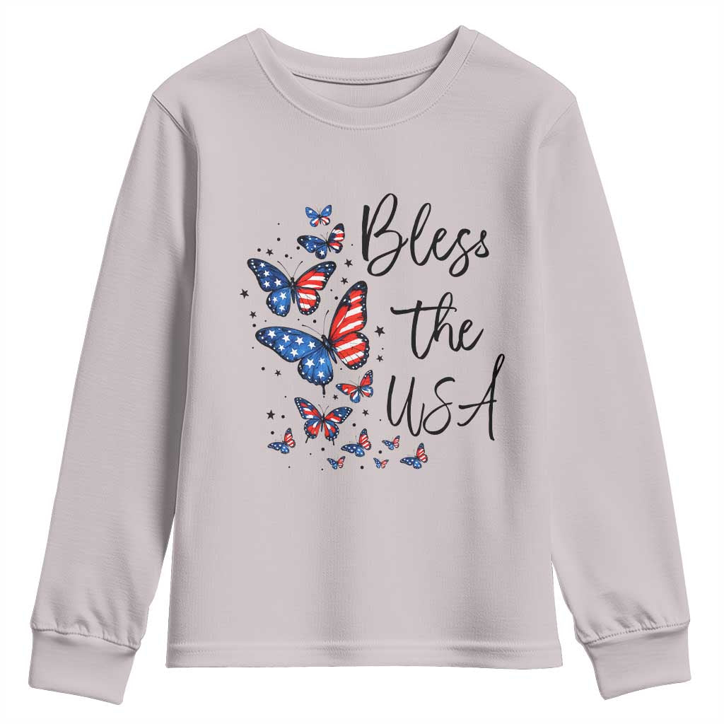 Bless The USA 4th of July Youth Sweatshirt Patriotic American Flag Butterfly Independence Day TS11 Ice Gray Print Your Wear