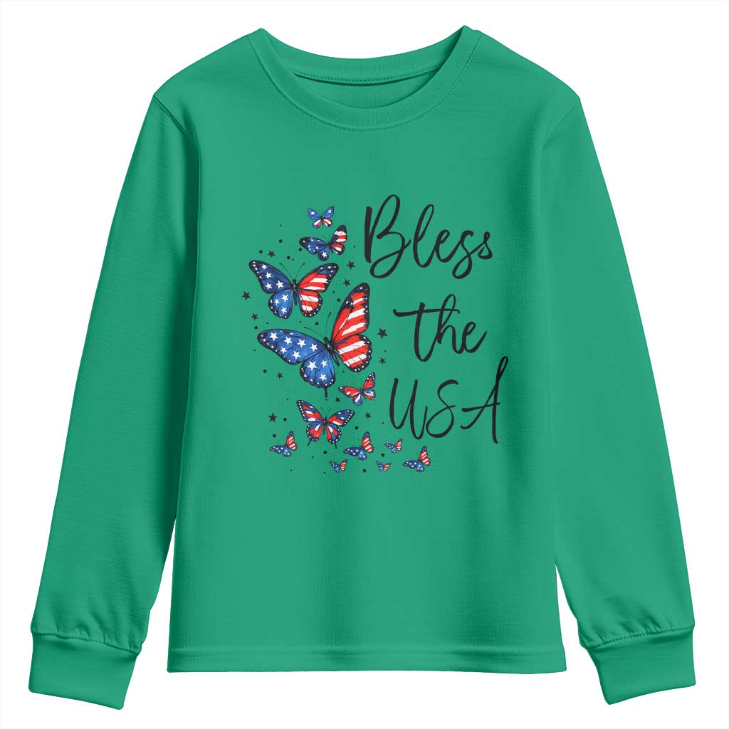 Bless The USA 4th of July Youth Sweatshirt Patriotic American Flag Butterfly Independence Day TS11 Irish Green Print Your Wear