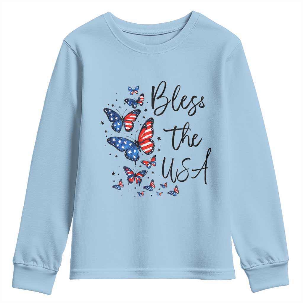 Bless The USA 4th of July Youth Sweatshirt Patriotic American Flag Butterfly Independence Day TS11 Light Blue Print Your Wear