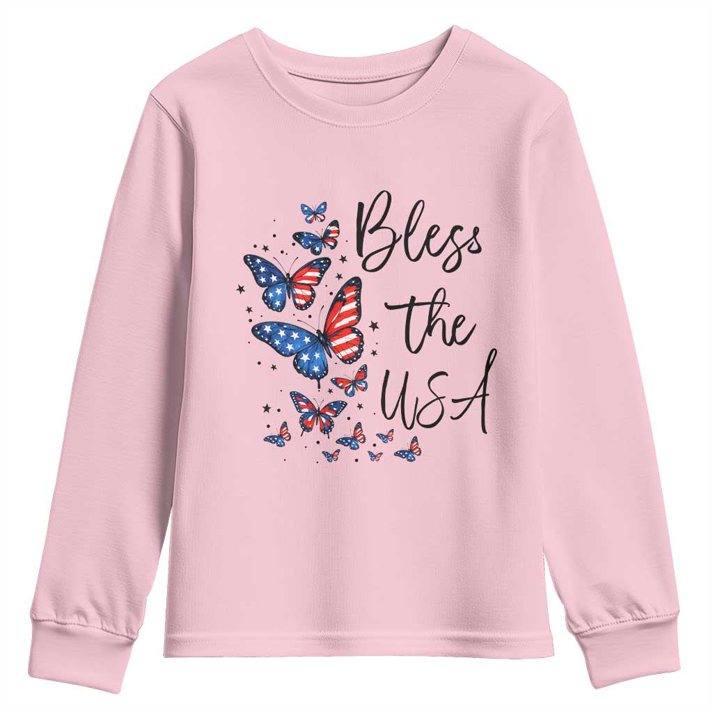 Bless The USA 4th of July Youth Sweatshirt Patriotic American Flag Butterfly Independence Day TS11 Light Pink Print Your Wear