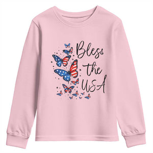 Bless The USA 4th of July Youth Sweatshirt Patriotic American Flag Butterfly Independence Day TS11 Light Pink Print Your Wear