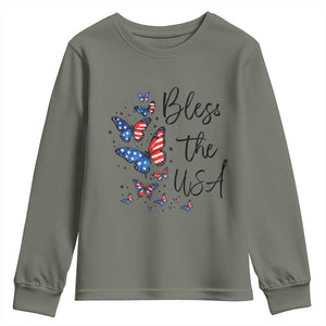 Bless The USA 4th of July Youth Sweatshirt Patriotic American Flag Butterfly Independence Day TS11 Military Green Print Your Wear