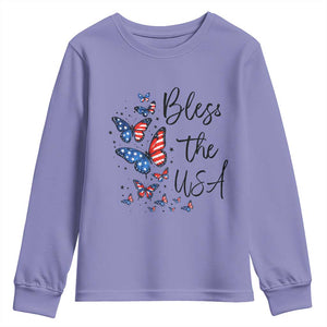 Bless The USA 4th of July Youth Sweatshirt Patriotic American Flag Butterfly Independence Day TS11 Violet Print Your Wear