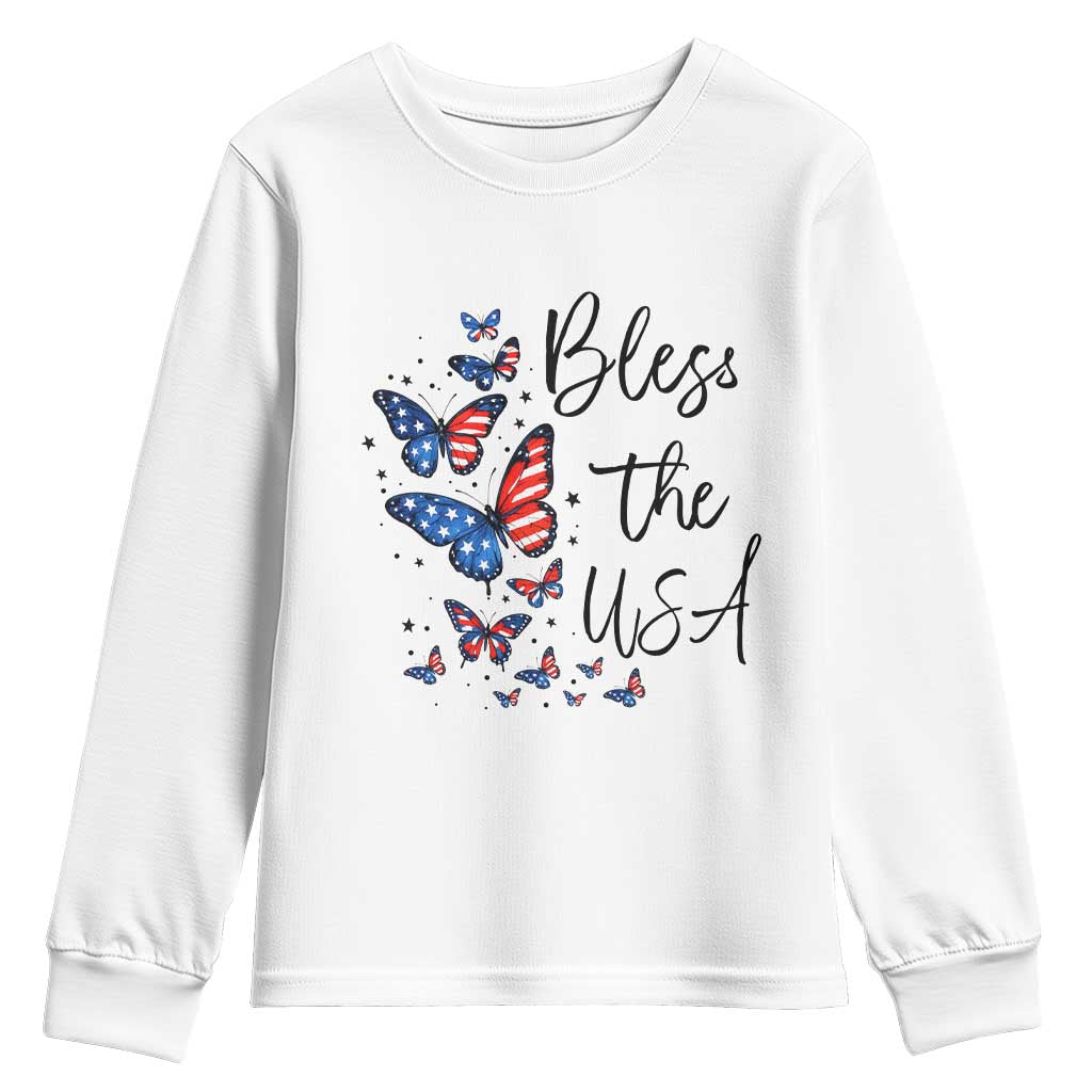 Bless The USA 4th of July Youth Sweatshirt Patriotic American Flag Butterfly Independence Day TS11 White Print Your Wear