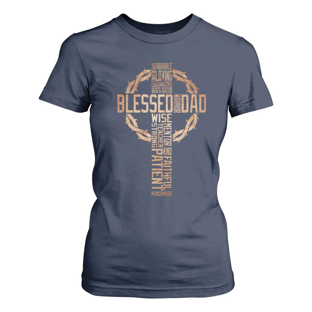 Blessed Dad Christian T Shirt For Women Religious Cross Fathers Day TS11 Navy Print Your Wear