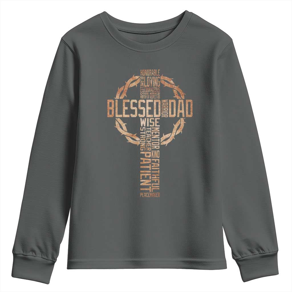 Blessed Dad Christian Youth Sweatshirt Religious Cross Fathers Day TS11 Dark Heather Print Your Wear