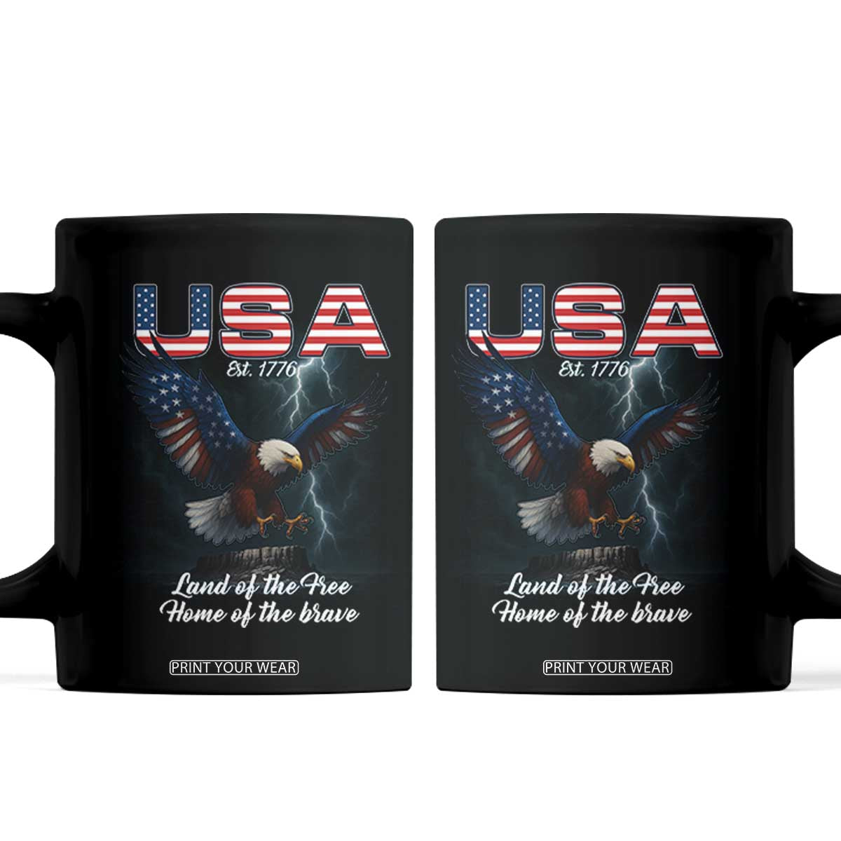 Bold Patriotic American Eagle Coffee Mug Land of the Free Home of the Brave Est 1776 TS02 Black Print Your Wear