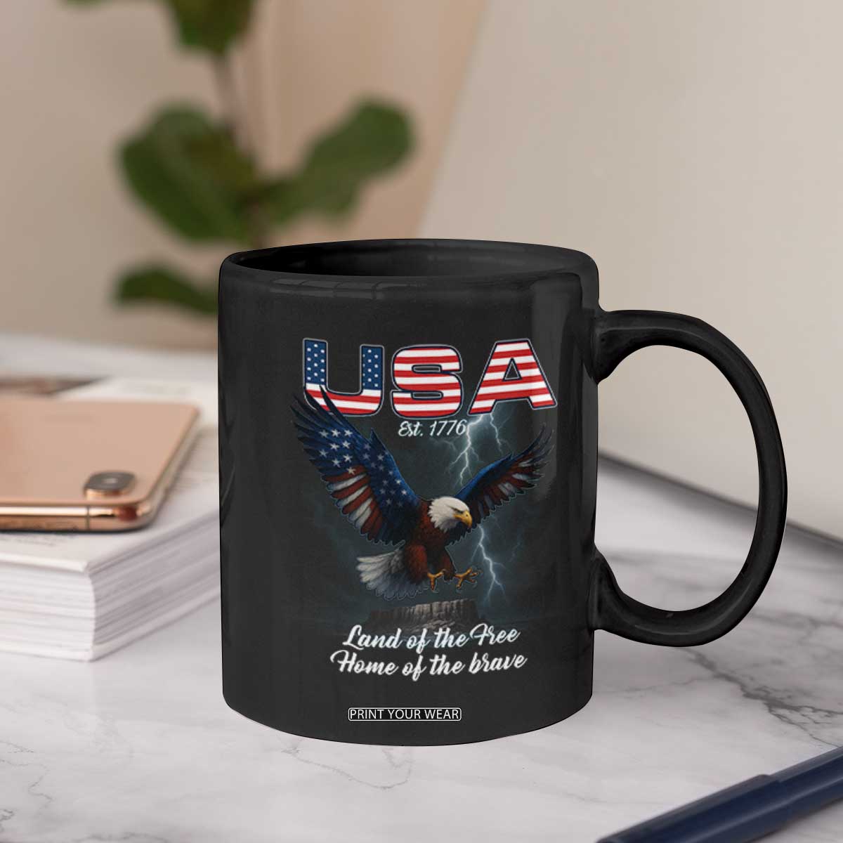 Bold Patriotic American Eagle Coffee Mug Land of the Free Home of the Brave Est 1776 TS02 Print Your Wear