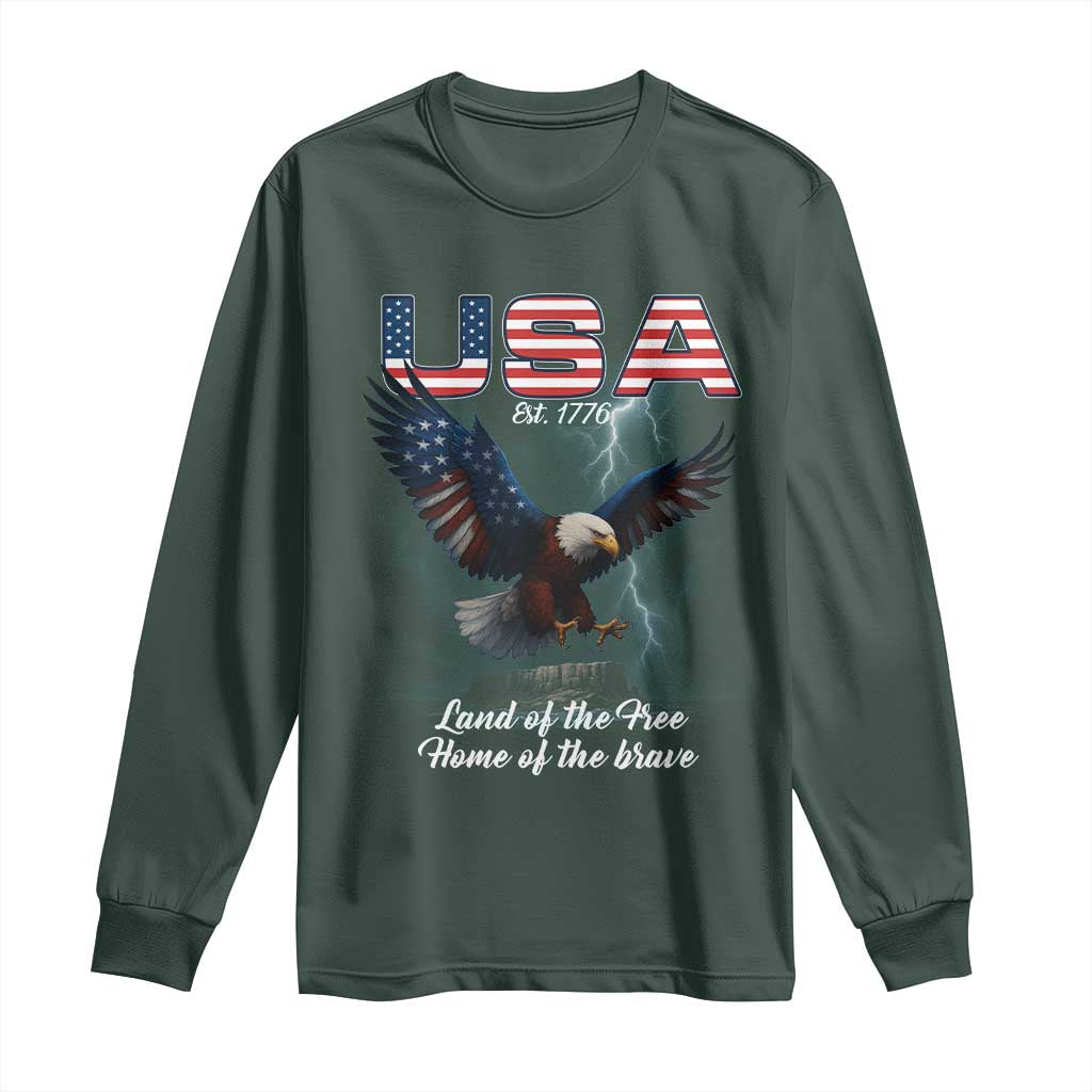 Bold Patriotic American Eagle Long Sleeve Shirt Land of the Free Home of the Brave Est 1776 TS02 Dark Forest Green Print Your Wear