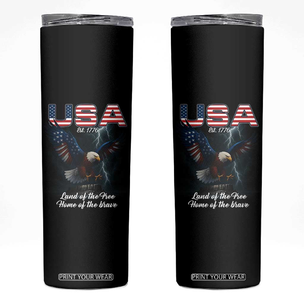 Bold Patriotic American Eagle Skinny Tumbler Land of the Free Home of the Brave Est 1776 TS02 Black Print Your Wear