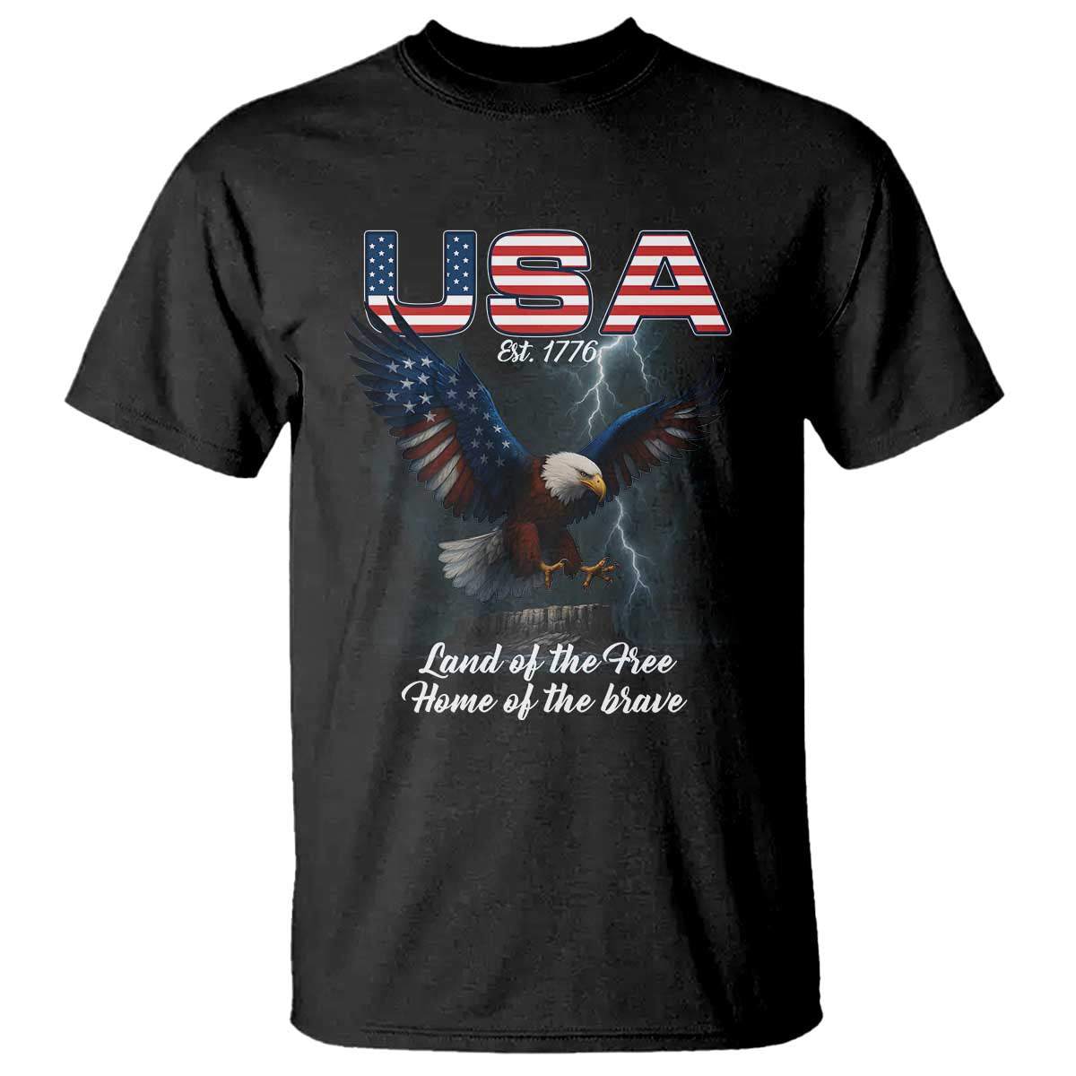 Bold Patriotic American Eagle T Shirt Land of the Free Home of the Brave Est 1776 TS02 Black Print Your Wear